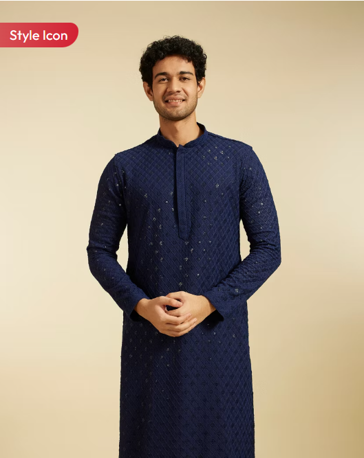 Navy Blue Chikankari Kurta With Sequins - Image 2