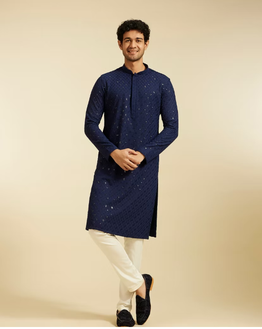 Navy Blue Chikankari Kurta With Sequins