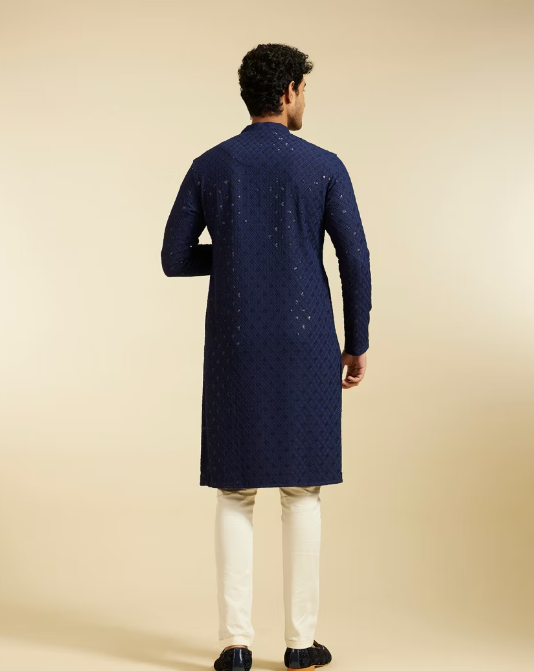 Navy Blue Chikankari Kurta With Sequins - Image 3