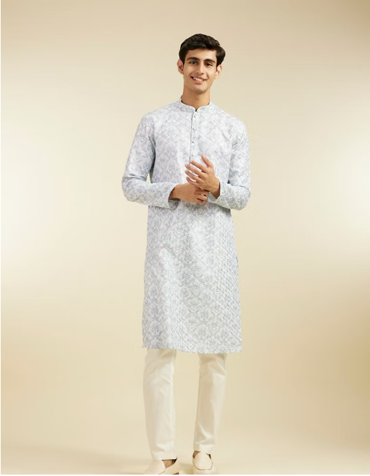 Ice Blue Jaal Medallion Patterned Kurta